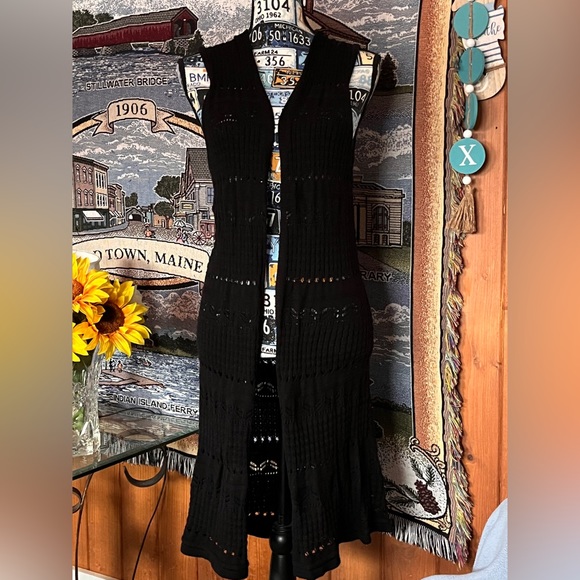 Sweaters - Crochet Open Front Black Long Vest